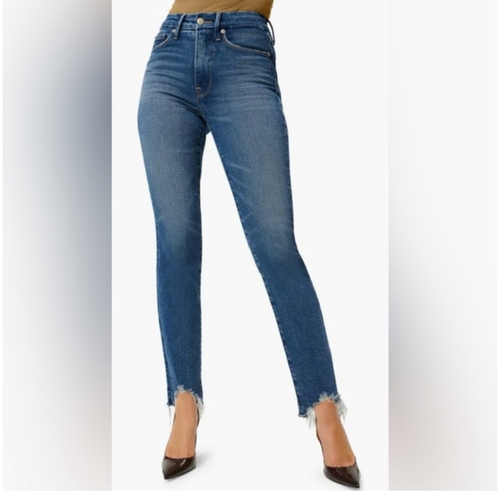 Good American Mid-Rise Cropped Straight-Leg Blue Jeans